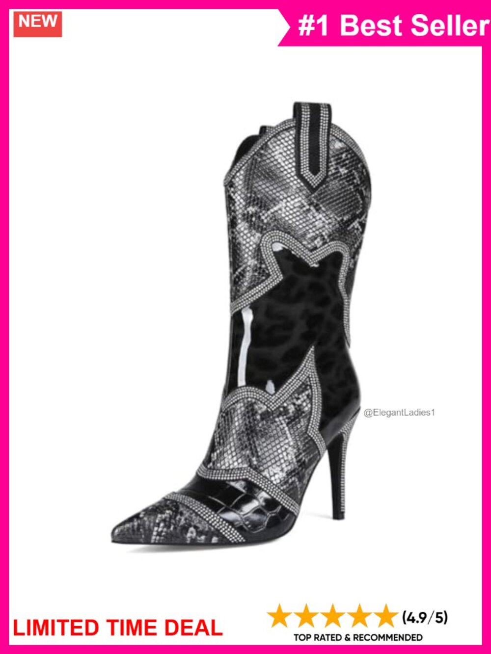 Snakeskin Rhinestone Stiletto Heel Mid Calf Patent Boots Faux Leather